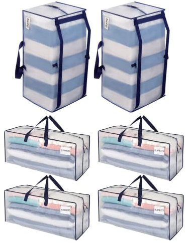 VENO 87 Liter extra große Umzugstaschen mit Rucksackgurten, Umzugshelfer, starke Griffe und Reißverschlüsse, Kleideraufbewahrung, Wäschesäcke, wiederverwendbar und nachhaltig (Transparent, 6er-Pack)