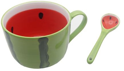 Wassermelonen Tasse 450ml, Kaffeetasse Obst Keramik, Müslibecher mit Löffel, Schönes Fruchtmuster Müslischalen Suppentassen Suppenschalen