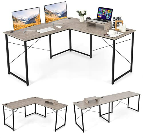 COSTWAY Schreibtisch L-Form, reversibler Eckschreibtisch mit Monitorständer, Ecktisch mit 3 Kabellöchern, Gaming Computertisch Bürotisch für Home Office, 150 x 150 x 74 cm (Hellgrau)