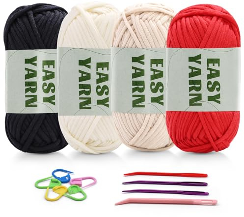 4 X 50g Wolle Chenille Zum Häkeln Häkelwolle Dicke Schlauchgarn Zum Häkelgarn gut Sichtbare Maschen, Schlauchgarn zum Häkeln Dickes Garn Baumwoll-Nylon (Weiß+Rot+Beige+Schwarz)