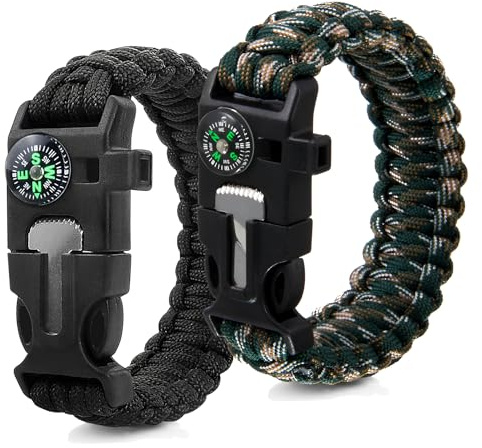 ZSMJAER 2 Pièces Bracelet Paracorde,Bracelet de Survie Multifonctionnel pour l'extérieur,Sifflet,Silex,Boussole pour Les Randonneurs,Les Aventuriers,Les Explorateurs pour Les Aventures en Plein Air
