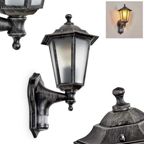 HOFSTEIN Außenwandleuchte Loria FROST, Außenwandlampe mit Bewegungsmelder aus Metall/Milchglas in Schwarz-Silber, Wechselscheiben Klar, Wandleuchte im Retro-Stil, E27, IP44, Eingangsbereich, Haustür