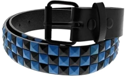 Unisex 3 Row Pyramid Studded Belt Bicolour Black and Blue Check Checkered Chessboard