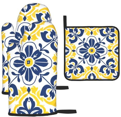Moroccan Tiles Yellow Damask Printed Oven Mitts And Pot Holders Sets Oven Mitts Heat Resistant Oven Gloves For Cooking Baking Kitchen BBQ