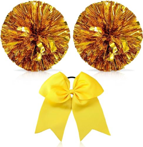 Cheerleader-Pompons und große Cheerleader-Haarschleife für Mädchen, metallische Cheerleader-Pompons für Teenager, 3 Stück (Gold)