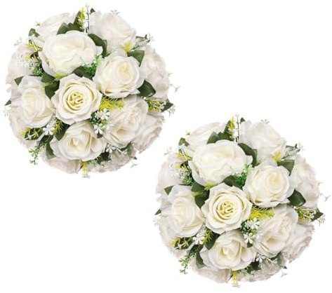 Boules Fleurs Artificielles pour Centres Table, 26CM Diamètre Boules de Roses Rondes, Bouquets de Roses de Mariage, Fleur Artificielle Deco, Décoration en Rose De L’étagère Au Mariage Fête (Blanc)