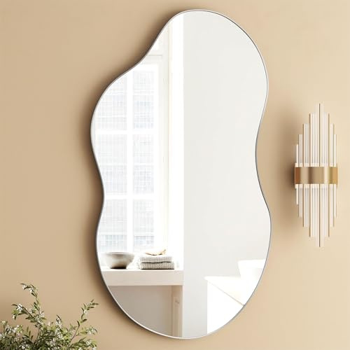 SHYFOY Asymmetrisk spegel – dekorativ väggspegel med MDF-baksida – mått 91 x 55 cm – metallram – stor spegel för vardagsrum hall entré badrum, silver