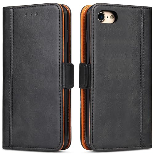 ROJIOJIO Handyhülle für iPhone 7/8/ SE 2020/ SE 2022, Leder Handytasche Kartenfach Klappständer Magnetisch Lederhülle für iPhone 7/ iPhone 8/ iPhone SE 2020/2022 Hülle, Schwarz