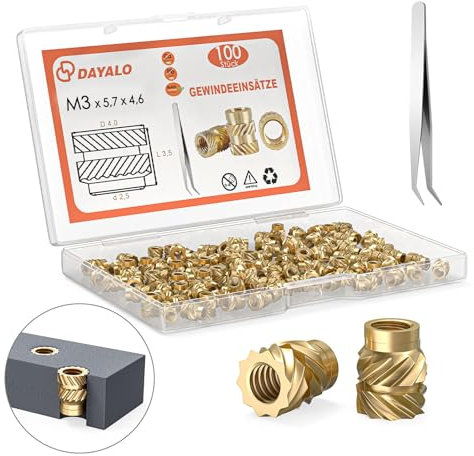 Dayalo M3 Gewindeeinsatz, 100 Stück M3x5,7x4,6 Einpressmuttern für 3D Druck Zubehör, Messing Gewindebuchsen, Durch Wärme in 3D-Druck-Teile aus Kunststoff Einsetzbar