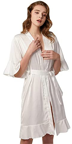 KXQYIKYI Peignoir Femme Peignoir à Volants Col en V Pyjama Kimono Été Doux Satin Soie Mousseline de Soie Vêtements de Nuit Fête de Mariage avec Ceinture pour Mariage Mariée Demoiselles d'honneur (Vin