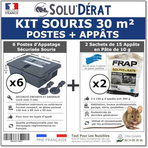 TOUT POUR LES NUISIBLES Kit Souris 30 m² avec 6 postes d'appâtage sécurisés et 2 sachets de 150g d'appâts en pâte - SOLU'DÉRAT