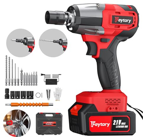 RED 3 in 1 Cordless Impact Wrench,4,AH Battery (550N.m) Impact Gun with 4 Pcs Impact Sockets, 1/2 Brushless Electric Wrench with 12 Bits for Drilling and Unscrewing, for Car, Home, DIY