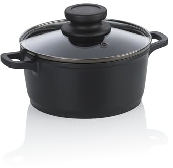 kela Fleischtopf 16 cm mit Glasdeckel ATURA, Kochtopf klein 1 Liter, Topf Induktion, Aluguss keramisch beschichtet, PFAS frei, schwarz