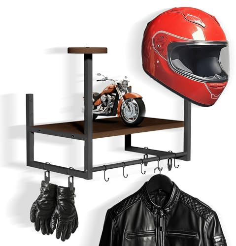 GHWMYD Porte Casque Moto Mural, Support Mural Rétro avec Planches en Bois, 2 Supports de Casque pour Gilet Tactique, Casque, Plaque, Moto, Football et équipement de Cyclisme, Brun foncé