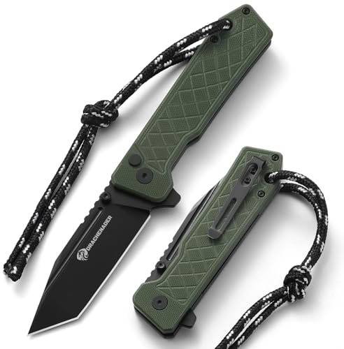 DRACHENADER Einhandmesser IE-BR, Taschenmesser mit Buttonlock, 14C28N Stahl Tanto Klappmesser mit Clip, Nylontasche für Camping, Klinge Schwarz + G10 Griff Grün