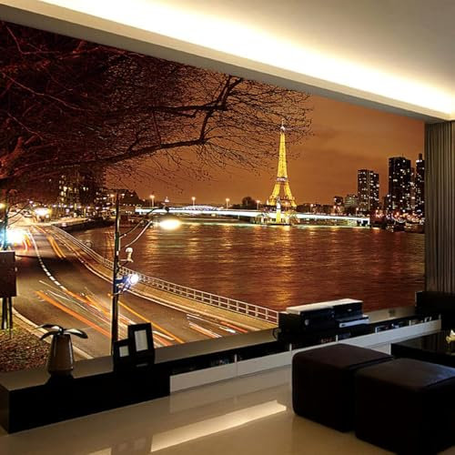 Luowenji Papier Peint Panoramique Paris 200x140 cm 3D Papier Peint Intissé Scène Nocturne de La Ville Photo Trompe l'oeil Poster Grand Mural Salon Chambre Enfant Chambre Décoration Murale a.7066
