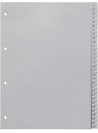 Ordnerregister 1-31, neutral, ohne Deckblatt, 31-teilig, DIN A4, Register aus PP, strapazierfähige Trennblätter für Ordner, lichtgrau