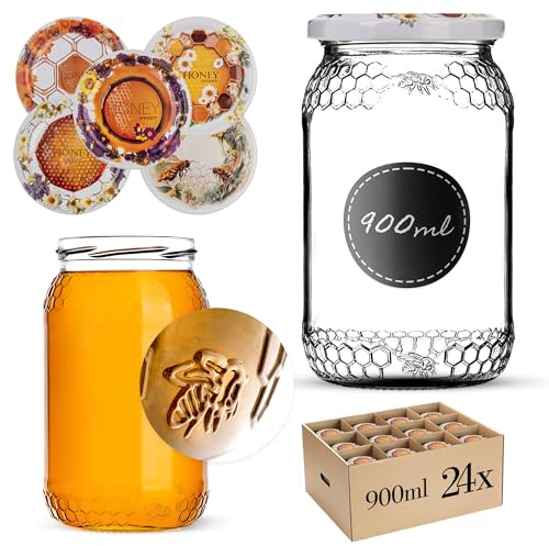 KADAX 24er Set Einmachgläser 900ml TO82 Blütenhonig, Große Sturzgläser mit Schraubdeckel, Einkochgläser Fermentierglas für Gurken, Gemüse, Sauerteig