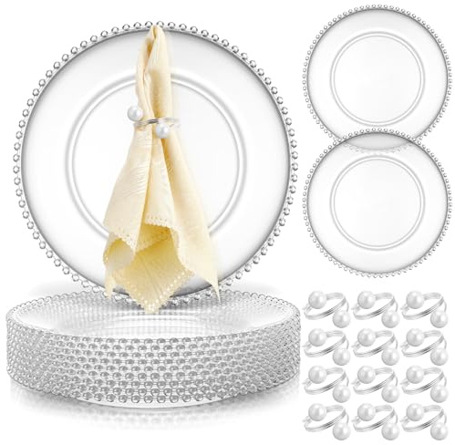 Tioncy 12 Set Clear Charger Plates Bulk Beaded Plastic Charger Plates 13 Inch, Napkin Rings, Acrylic Round Dinner Table Decorative Plate for Wedding Party Event (Clear and Silver)