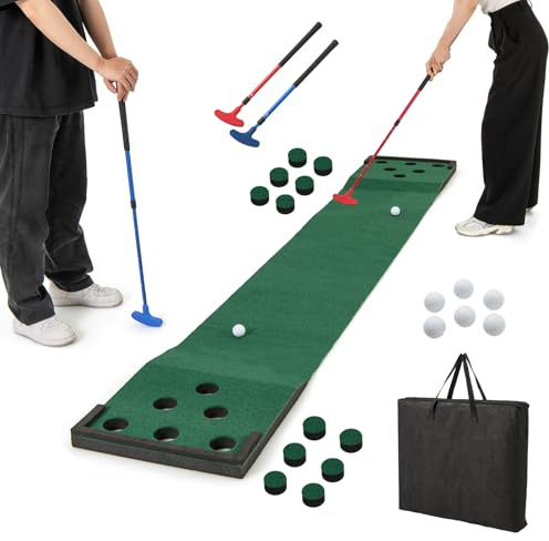 COSTWAY 332 x 50 cm Golf Pong Puttingmatte, Putting Green mit 2 verstellbaren Puttern, 6 Bällen & 12 Lochabdeckungen, tragbare Golfmatte Indoor & Outdoor, Trainingsmatte für Party, Garten