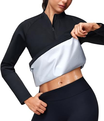 Junlan Sauna Shirt for Women - Long Sleeves Waist Trainer Vest for Gym Workout, Black, Large