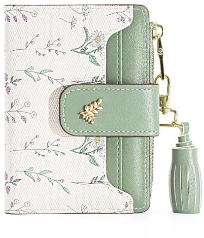 Stylifeo Small Wallet for Women Blocking Leather Bifold Floral(Green Beige)