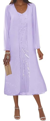 2 Pieces Chiffon Mother of Bride Dresses with Jacket Long Sleeve Formal Evening Gowns Sequin Wedding Guest Dress Lilac