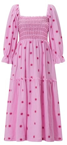 Himllauen Women Casual Long Dress 3D Embroidered Flowers Square Neck Puff Sleeve Dress Fashion A line Dress Streetwear for Lady (Pink, L)