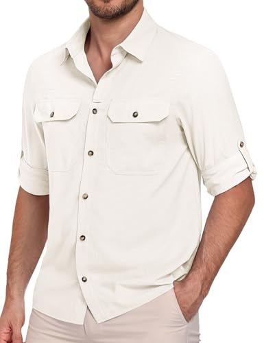 heekpek Camicia Uomo Manica Lunga Estive UPF 50 Maglietta Anti UV Traspirante Funzionale Camicie per Safari Trekking Pesca, Bianco, M
