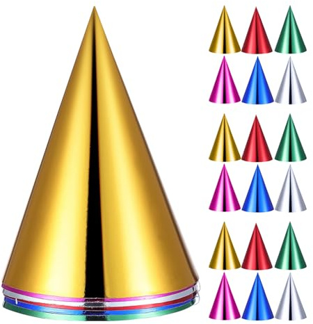 MOLUCKFU 30 pezzi Cappellini Festa Compleanno Ragazzo Ragazza Ragazza in Carta Metallizzata Multicolore con Elastico Cappelli Cono Leggeri per Adulti Oro Argento Verde Blu Rosso Rosa