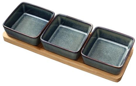 FARYODI 3 x dippskålset med träbräda, bra för servering av snacks, mellanmål, dippskålar, keramik, små skålar som såsskålar, snacksskålar, dessertskålar (jeansblå)