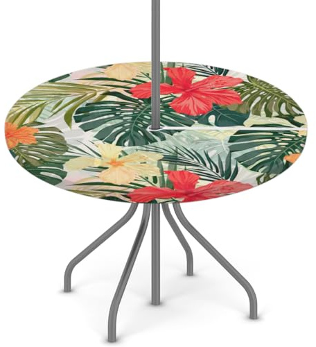 Round Garden Table Cloth With Parasol Hole, Hibiscus Flower Outdoor Circular Fitted Tablecloth With Umbrella Hole Waterproof Elastic Edged Table Cover for Party Picnic, Fit for 36-44 Round Tables