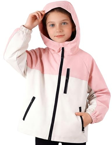 Hoseay Kids Jacket Waterproof Raincoats with Reflective Strips Age 5-13 | Windproof, Zipped Pockets, Lightweight Hooded Windbreaker, Girls Boys Functional Outerwear, School Camping, Spring Autumn