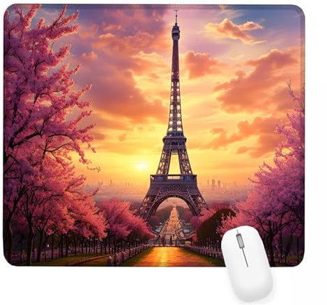 Tapis de Souris Rose, Tour Eiffel Tapis de Souris Gamer 420x350x3mm Bords Cousus, Haute Précision et Vitesse avec Bords Cousus et Base en Caoutchouc Antidérapante Mouse Pad, pour Bureau, Gaming J-123