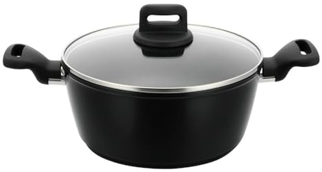 Stockpot with Lid Non Stick Cooking Pots with Tempered Glass Lid Induction Base Aluminum Casserole Pot for Cooking Soups & Brew Boiling Stews Pots (Black, 28cm Stock Pot)