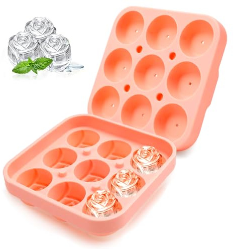 Stampi Ghiaccio Silicone, 9 Cavità Cubetti di Ghiaccio Rose, Stampo Silicone per Ghiaccio con Coperchio - Senza BPA, per Succhi di Frutta Cocktail Whisky Cioccolatini (Rosa)