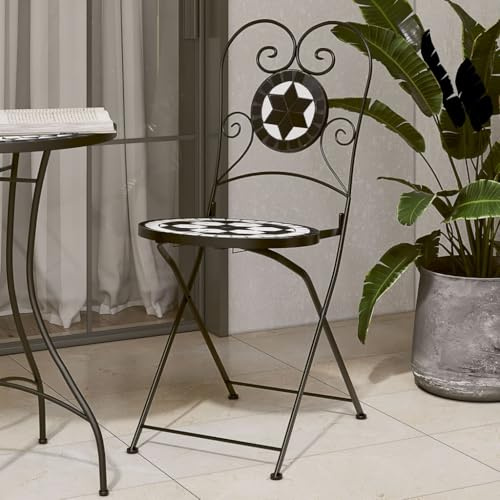 Keeushr Bistrostühle 2 Stück Klappbar Schwarz und Weiß Keramik Mosaik-Design für Garten Balkon Terrasse mit Stabilem Eisengestell und Pflegeleichter Oberfläche