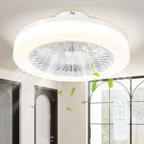 HOMCOM Ventilatore a Soffitto con Luce LED Regolabile, 6 Velocità, Flusso Reversibile, Timer e Telecomando, Ventilatore da Soffitto in Plastica e Acrilico, Ø46x16 cm, Bianco
