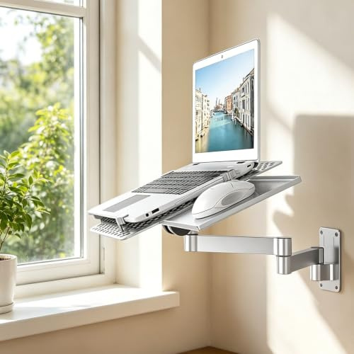 Justerbart väggmonterat tangentbordsarmfack, dubbelt rörelsestöd och platsbesparande aluminiumplattform för kontorsbruk, passar tangentbord och möss