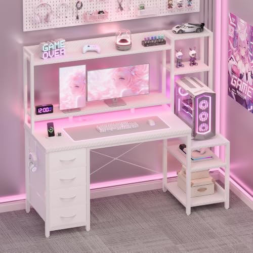 YOUDENOVA Gaming Schreibtisch mit Schubladen und Regal, 130x48cm Gaming Tisch mit LED & Steckdose & USB, Computertisch mit Monitorständer & Ablageflächen & Kopfhörerhalter, Carbon Fiber weiß