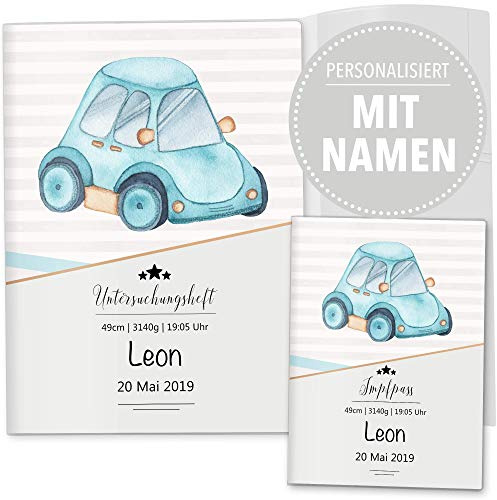 OLGS U-Heft und Impfpasshüllen 3-teiliges Set | Transport | Untersuchungsheft Hülle & Impfpasshülle Geschenkidee personalisierbar mit Namen (Uhefthülle, Impfpasshülle personalisiert, Auto)
