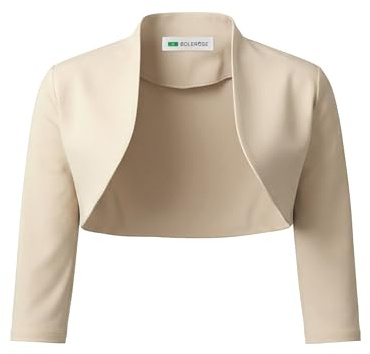 Bolerose Bolero Donna Cerimonia Manica 3/4 Coreana | Davanti Aperto, Tessuto Elasticizzato, Collo Rialzato, Corto in Vita, Lavabile in Lavatrice, Taglie XS-5XL