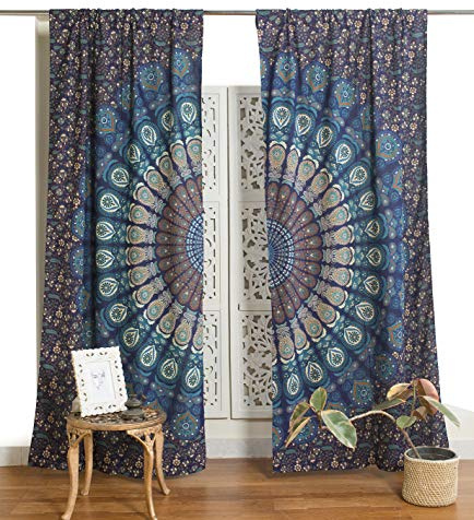 Popular Handicrafts Bedruckte Vorhänge, indischer Hippie-, Bohemian-Stil, schöner Pfauen-Mandala-Vorhang, Paneele, Blaue Tar-