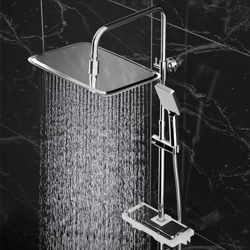 Görbach Regendusche Duschsystem mit Duschablage, Edelstahl Duschset ohne Armatur, Überkopfbrauseset mit Duschstange Duschsäule(Kopfbrause 35x25cm, Chrom)