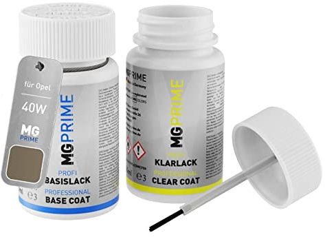 MG PRIME Autolack Lackstift für Opel 40W / 05T GJM Pepperdust Metallic +1K | Muskatbraun Metallic, Set aus Basislack + Klarlack, Lackfläschchen mit Pinsel, je 50ml