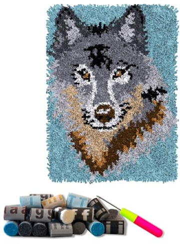 DL-YTG Latch Hook Kits Rug Wolf Crochet Yarn Cushion Colour Pre-Printed Canvas Cover Rug Needlework DIY Hook and Latch Kit Home Decoration 52x38cm/20 X15inch