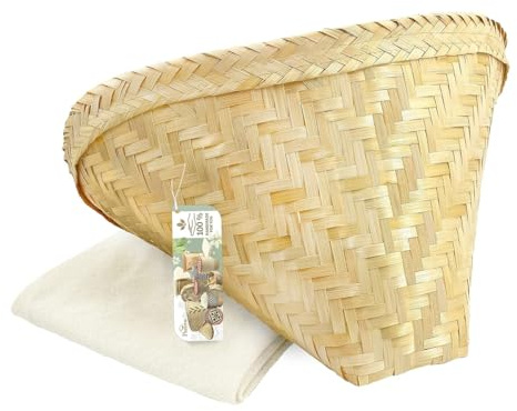 PANWA Großer klebriger Reis-Kochkorb, handgefertigt, traditionelles thailändisches Bambusflügel-Design, mit 61 x 61 cm Seihtuch