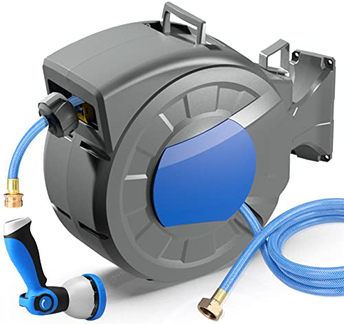REDUCTUS Retractable Garden Hose Reel Wall Mount 1/2 x 100 ft + 6.5 ft Water Hose Reel for Outside with 10 Pattern Nozzle, Automatic Slow Rewind System/Lock Any Length/180°Swivel