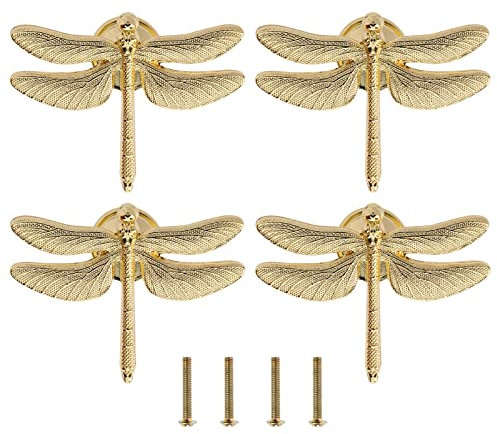 Be In Your Mind 4 Piezas Pomos de Libélula con Forma única de Libélula Tiradores Decorativos con Tornillos de Montaje Accesorios para Muebles Armario Cajón Aparador Color Dorado