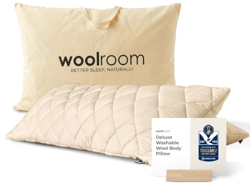 Woolroom Deluxe Washable Wool Body Pillow - 100% Pure Natural Wool Orthopedic & Pregnancy Pillow Comfort Soft Organic Cotton - Temperature Regulating Anti-Allergy - Feather Down Alternative 54 x 20''
